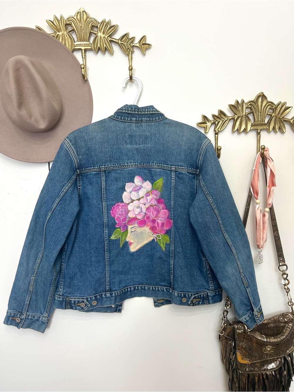 Hand painted “Floral Boho lady” denim jacket XL ptp 23”